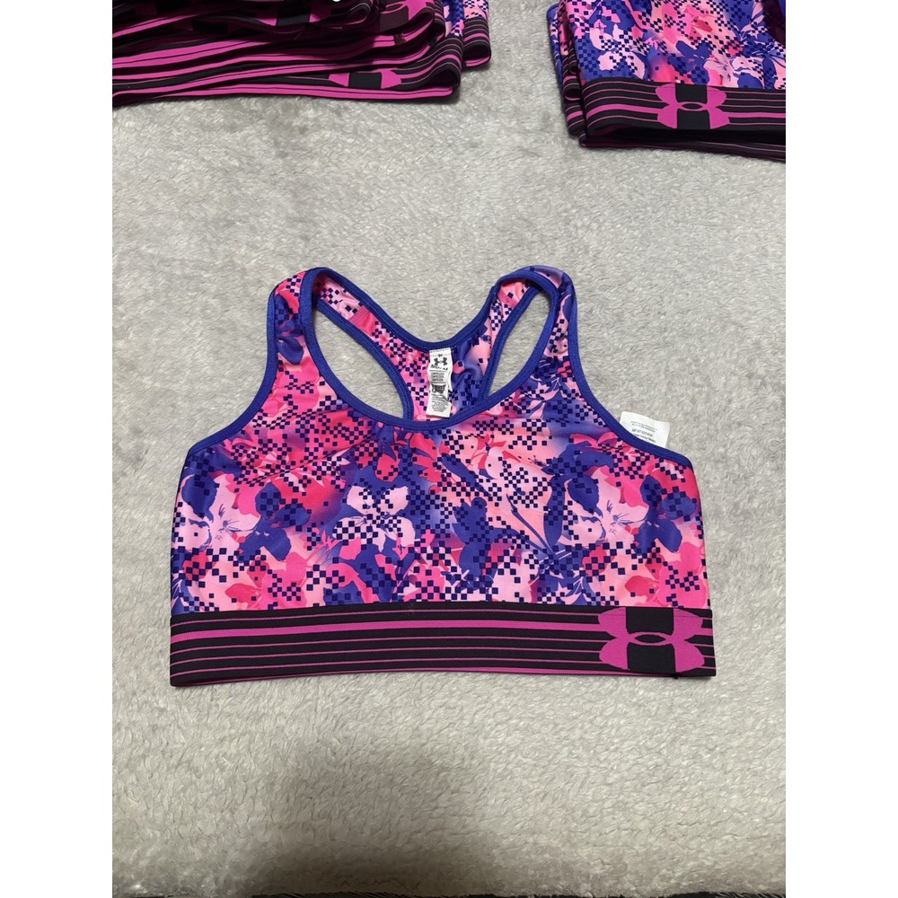 New Under Armour Womens Medium Compression Sports Bra Pink Blue Pix Camo Gym H
